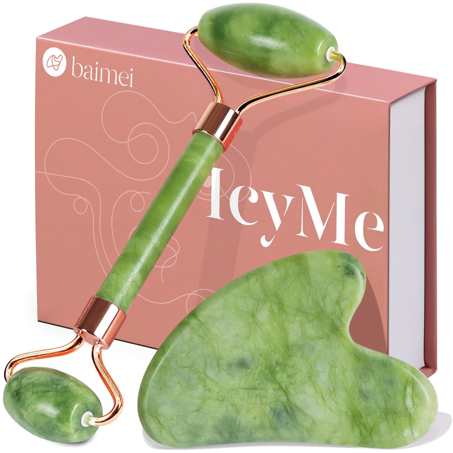 BAIMEI IcyMe Gua Sha & Jade Roller Facial Tools Face Roller and Gua Sha Set for Puffiness and Redness Reducing Skin Care Routine, Self Care Gift for Men Women - Green